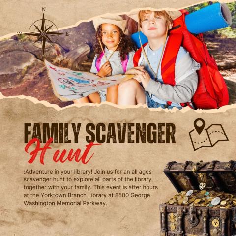 : Adventure in your library! Join us for an all ages scavenger hunt to explore all parts of the library, together with your family. This event is after hours at the Yorktown Branch Library at 8500 George Washington Memorial Parkway. Image of children with adventure gear and maps.