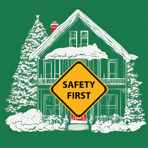 Safety First over top a white outline of a house on a green background