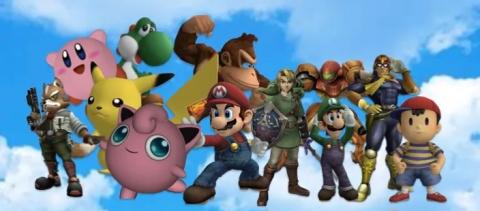 Image of characters from Smash Bros posing for promotion.