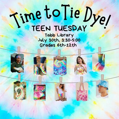 Photo of promotional pictures for tie dying at the Tabb Library.