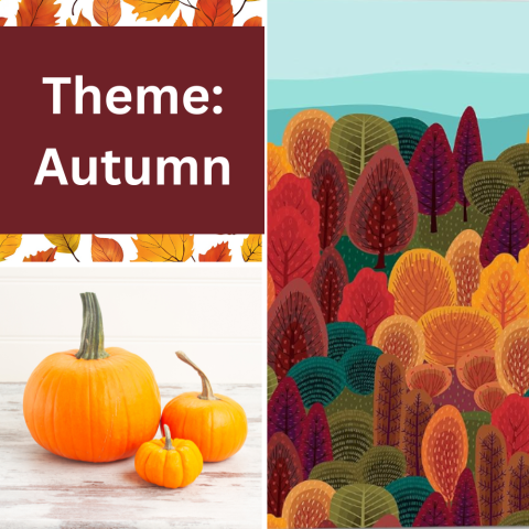 The words Theme: Autumn are in the upper left corner. Below that are three orange pumpkins. On the right side is an autumnal woods painting.