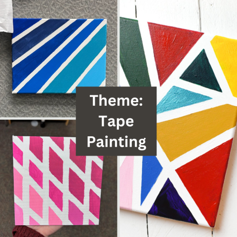 Three pictures of tape paintings with the words theme: tape painting over top