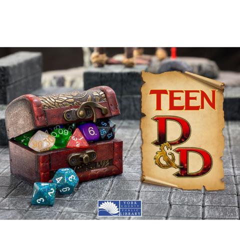 Dice and treasure chest with words 'Teen D & D"