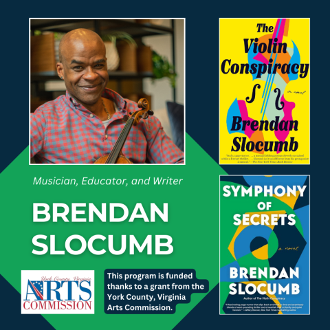 Picture of Brendan Slocumb and the covers of his books Symphony of Secrets and The Violin Conspiracy