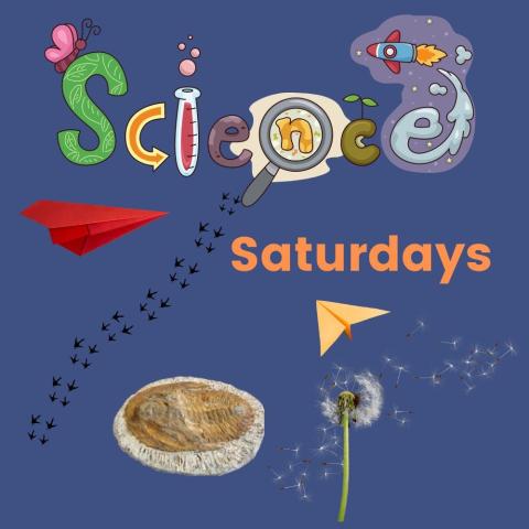 Words "Science Saturday" on a blue background with images of science things