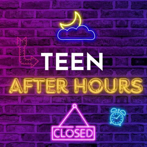 Word "Teen After Hours" on a purple background.  Images are clock, moon, clouds, and a "closed" sign