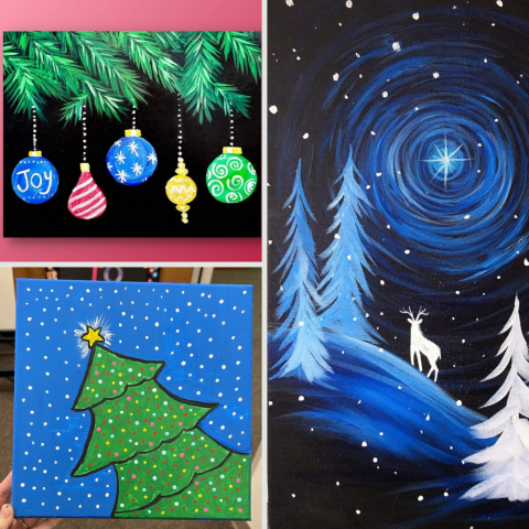 Three holiday-themed acrylic paintings