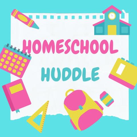 Words Homeschool Huddle written in pink and teal with images of school items