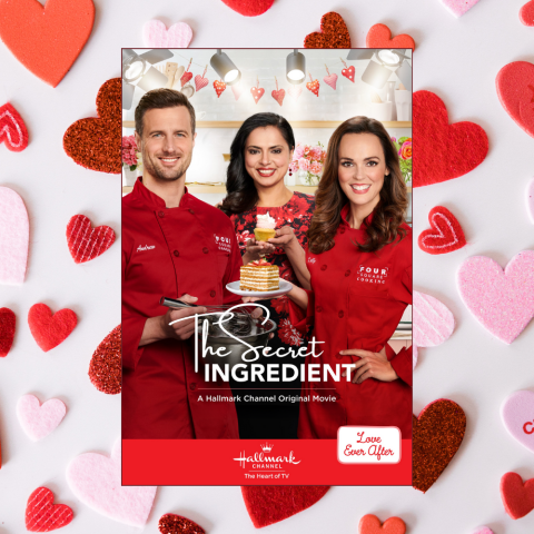 Promotional image for the Hallmark movie The Secret Ingredient over a heart-covered background