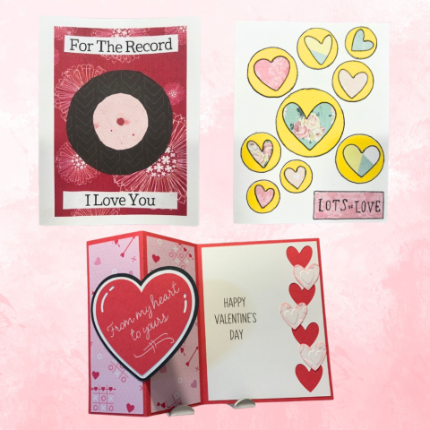 Pink background with three valentines day card designs