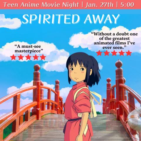 Words "Spirited Away" with young cartoon character standing on a bridge