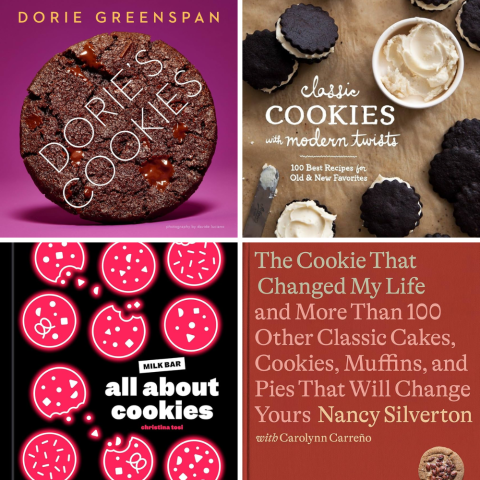 Four cookbook covers--Dorie's Cookies, All about Cookies by Christina Tosi, The Cookie that Changed My Life by Nancy Silverton, and Classic Cookies with modern twists by Ellen Jackson