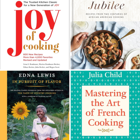 Four cookbook covers--The Joy of Cooking, Jubilee, In Pursuit of Flavor, and Mastering the Art of French Cooking