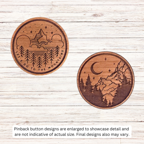 Wooden background with two wooden button images carved using Glowforge