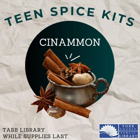 Words "Teen Spice Kits Cinnamon" with images of cinnamon sticks