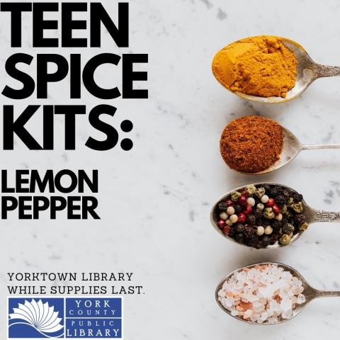 Words "Teen Spice Kits Lemon Pepper" with images of spoons filled with spices