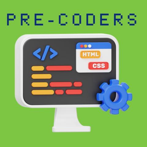 words "Pre-coders" with a computer screen