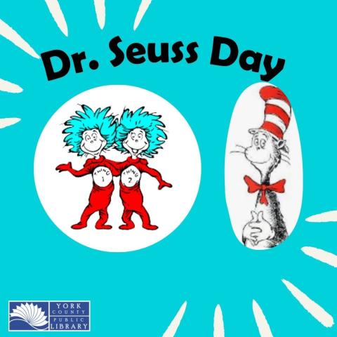 words "Dr Seuss Day" with images of Cat in the Hat and other characters