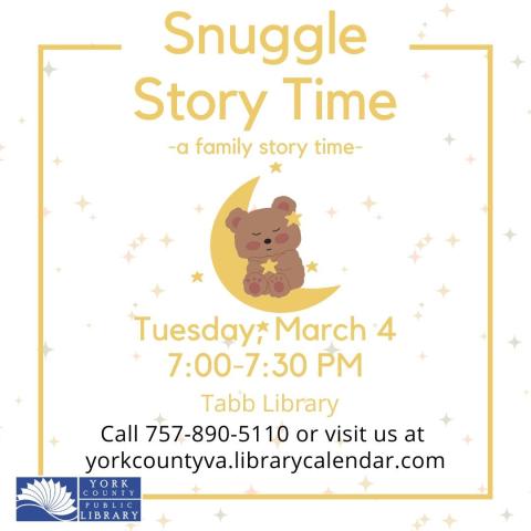 words "Snuggle story time" with a bear on the moon