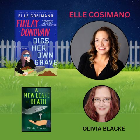 Book covers for Finlay Donovan Digs Her Own Grave and A New Lease on Death to the left of author headshots for Elle Cosimano and Olivia Blacke