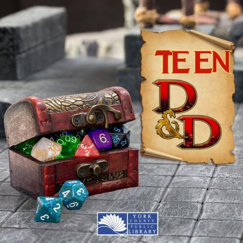 words "teen D & D" with images of dice and treasure box