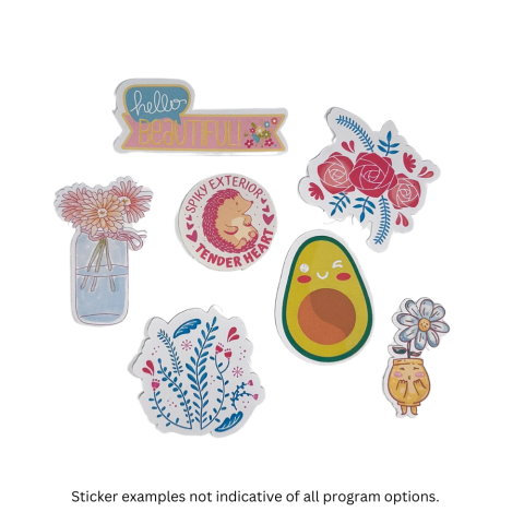 Various stickers cut out by the cricut including a hedgehog, avocado, and flowers