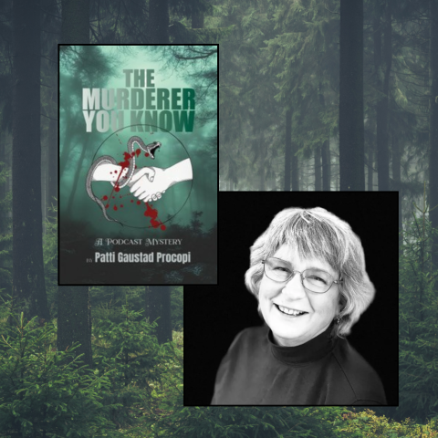 Forest background with headshot of local author Patti Procopi and the book cover for The Murderer You Know
