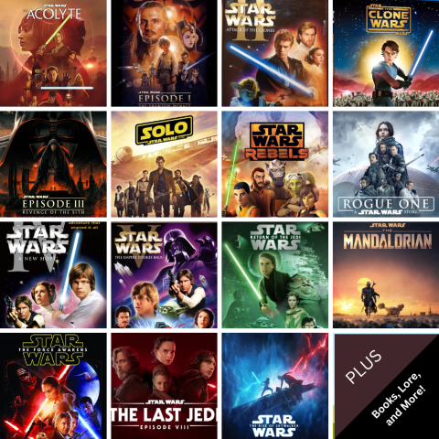 A mosiac of cover art or poster art for Star Wars movies and tv shows