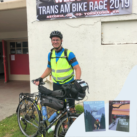 Photo of man with bike and two book covers superimposed on the lower right corner