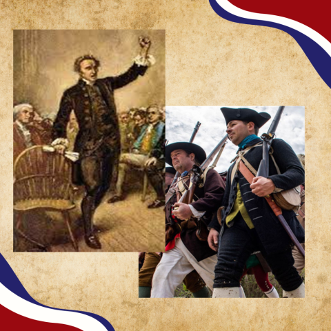 Grainy illustration of Patrick Henry next to a photo of men in colonial militia garb against a parchment background