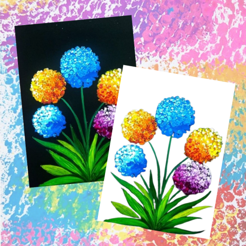 two flower paintings against a multicolored background