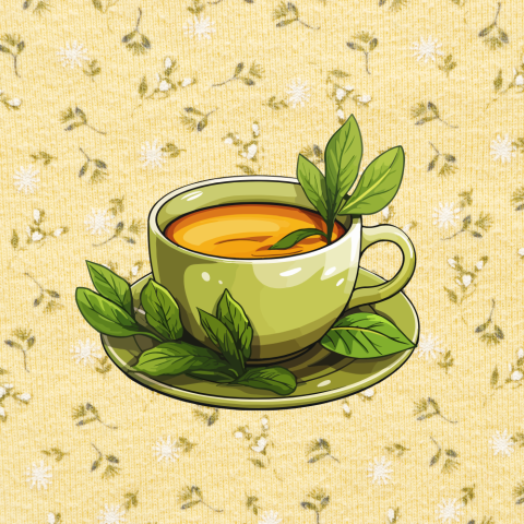 Graphic of a green cup of tea with tea leaves on saucer against a yellow background