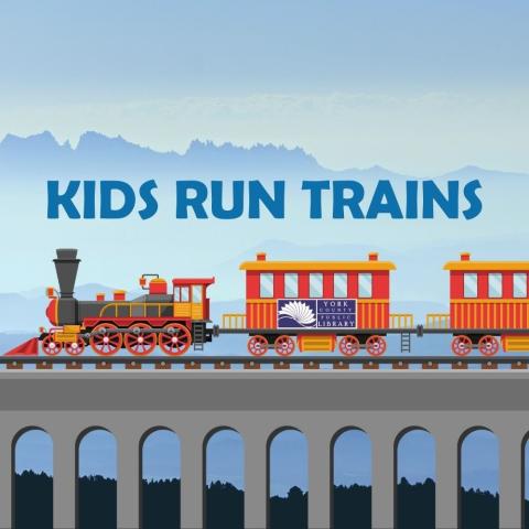 words "kids run trains" with image of a train on a bridge