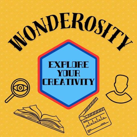 Words "Wonderosity: Explore your Creativity" in blue with a yellow background