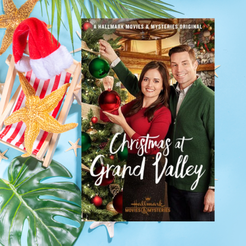 Movie post for Christmas in Grand Valley on a blue background with a starfish, santa hat, and plant leaf to the side