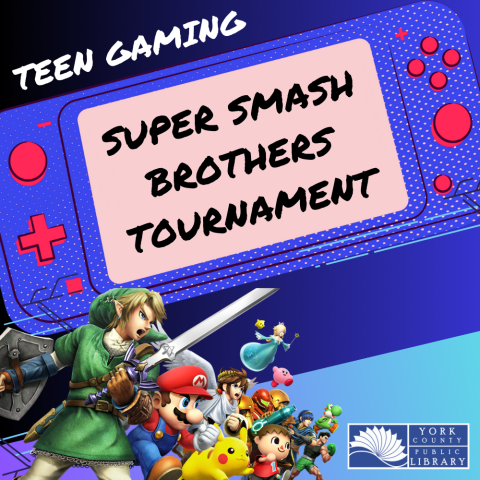 A switch with the words Super Smash Brothers Tournament on the screen and the words Teen Gaming on top of it against a blue background. Images of Super Smash Brothers characters are below. 