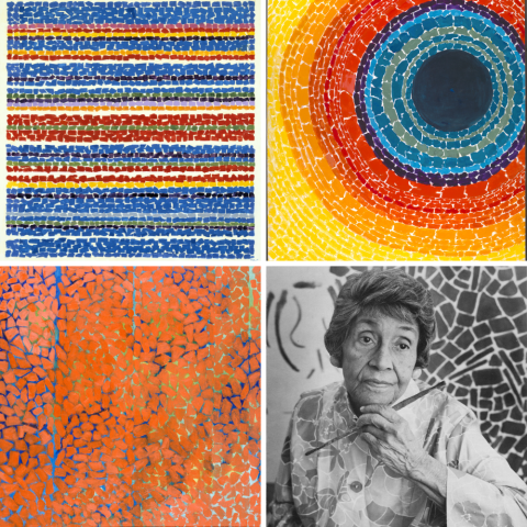 Three paintings by Alma Woodsey Thomas and a black and white photo of the artist herself