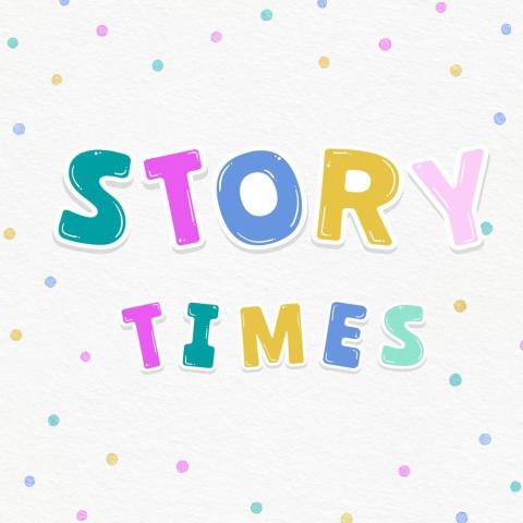 White polkadot background with the words story time in the center