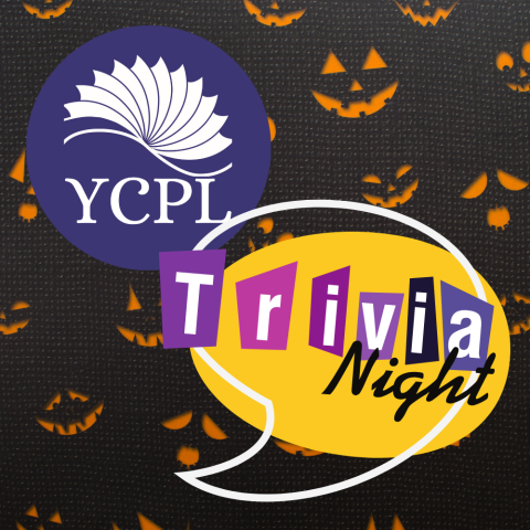 The background is black with orange jack o lantern faces interspersed. Overlayed is the YCPL logo and a yellow speech bubble that says Trivia Night 
