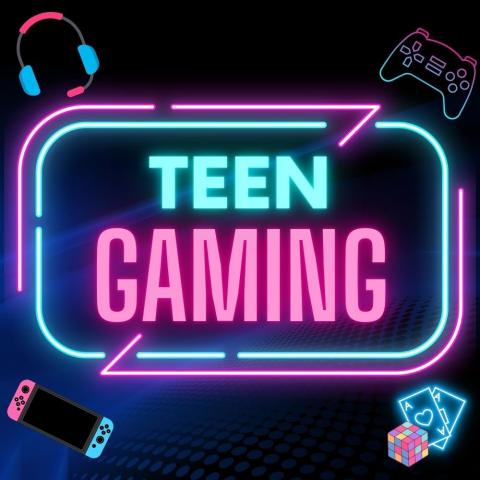 Text saying "Teen Gaming" in blue and pink neon lights with gaming equipment surrounding it