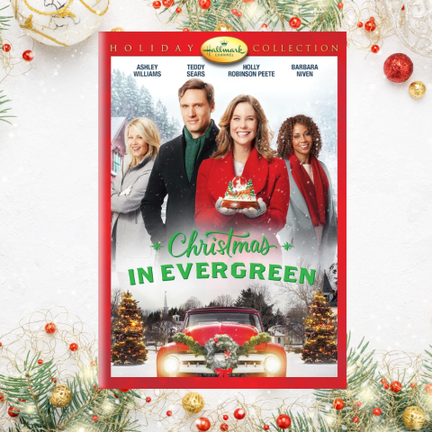 White background with pine branches and red & gold ornaments across the top and bottom. In the middle is the DVD cover for the Hallmark Movie Christmas in Evergreen.