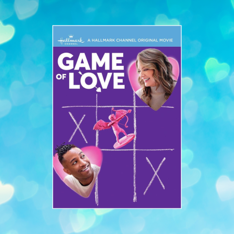 Light blue background with shiny blue hearts that has the movie cover for Hallmark movie Game of Love superimposed over top