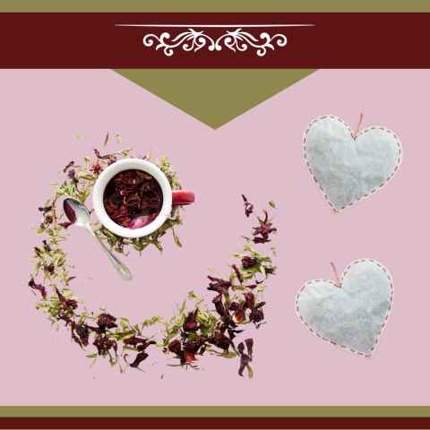 Crimson and gold shapes against a pink background. On the background are two heart shaped tea sachets and a tea cup surrounded by a swirl of tea leaves