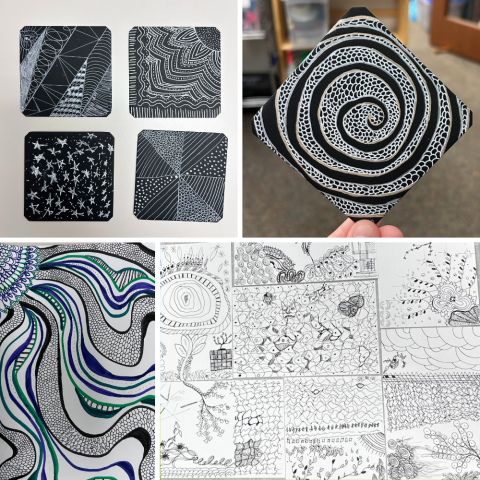 Four photos arranged in a non-parallel grid. Each photo is of a doodle.