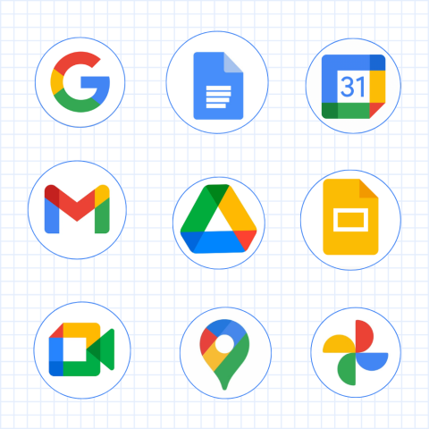Gridded line background with six different icons layed out in a three by three pattern. Each icon represents a different feature of Google Tools including Docs, Mail, Slides, and more. 
