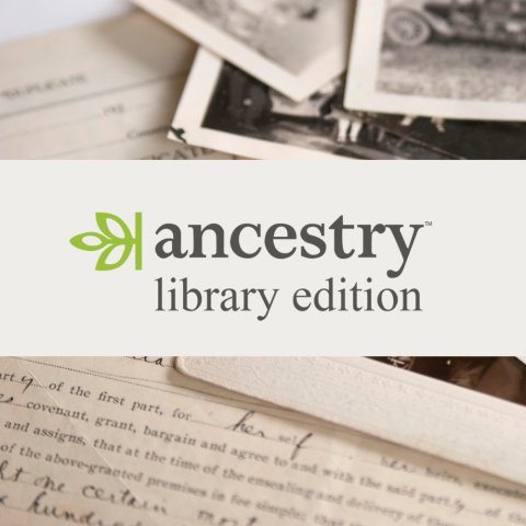 Photo of genealogy documents with a light gray rectangle stretched across the middle with the ancestry library edition logo inside