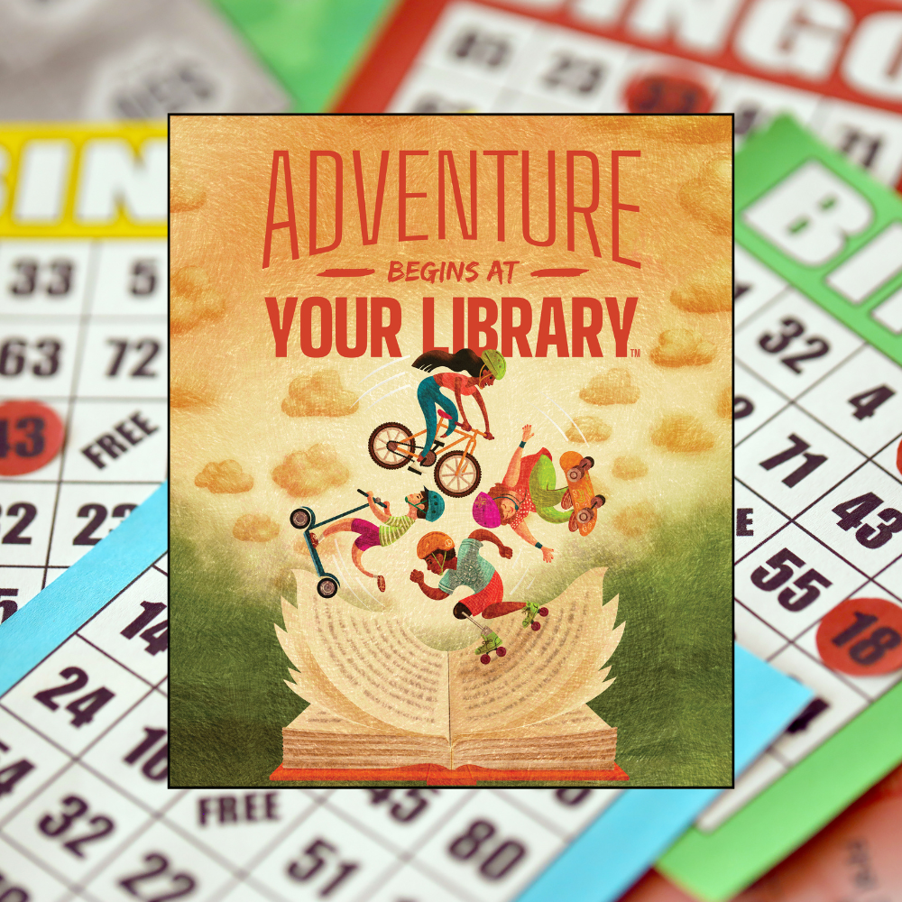 Summer Reading graphic over a photograph of Bingo cards