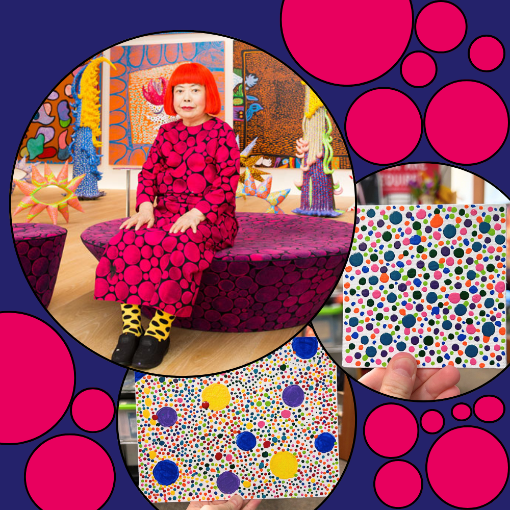 Photograph of Artist Yayoi Kusama in a circle frame and two dot paintings, each in a circle frame on a dark blue background surrounded by magenta dots of varying sizes