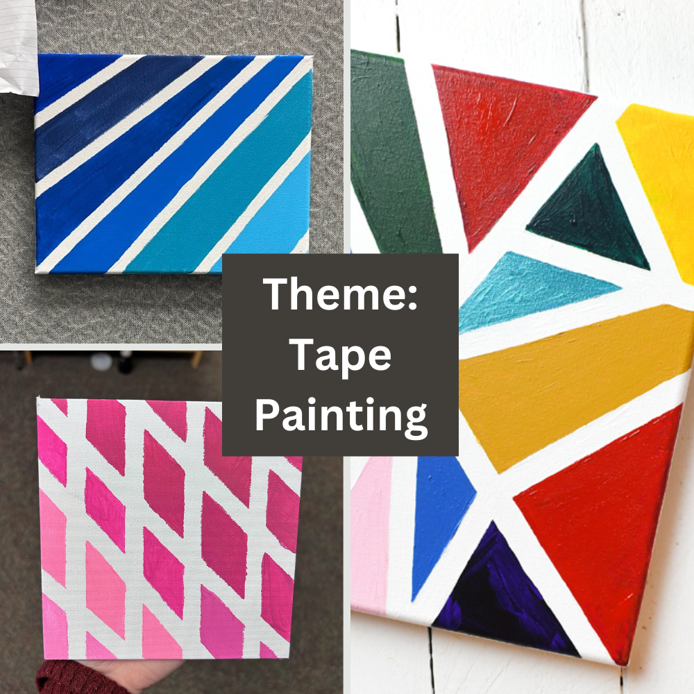 The words Theme: Tape Painting over three pictures of different stripe and pattern paintings