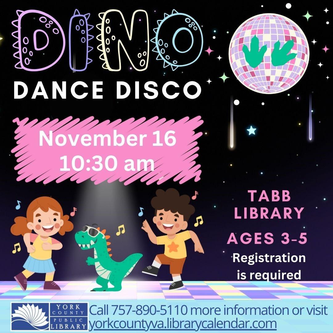 dancing children and dinosaur with information about dino dance disco